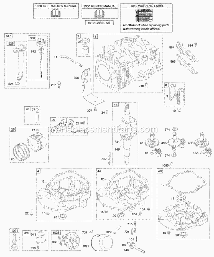 Camshaft Crankshaft Cylinder Engine Sump Lubrication Piston Group Diagram and Parts List for 125607-0148-B1  Briggs and Stratton Engine